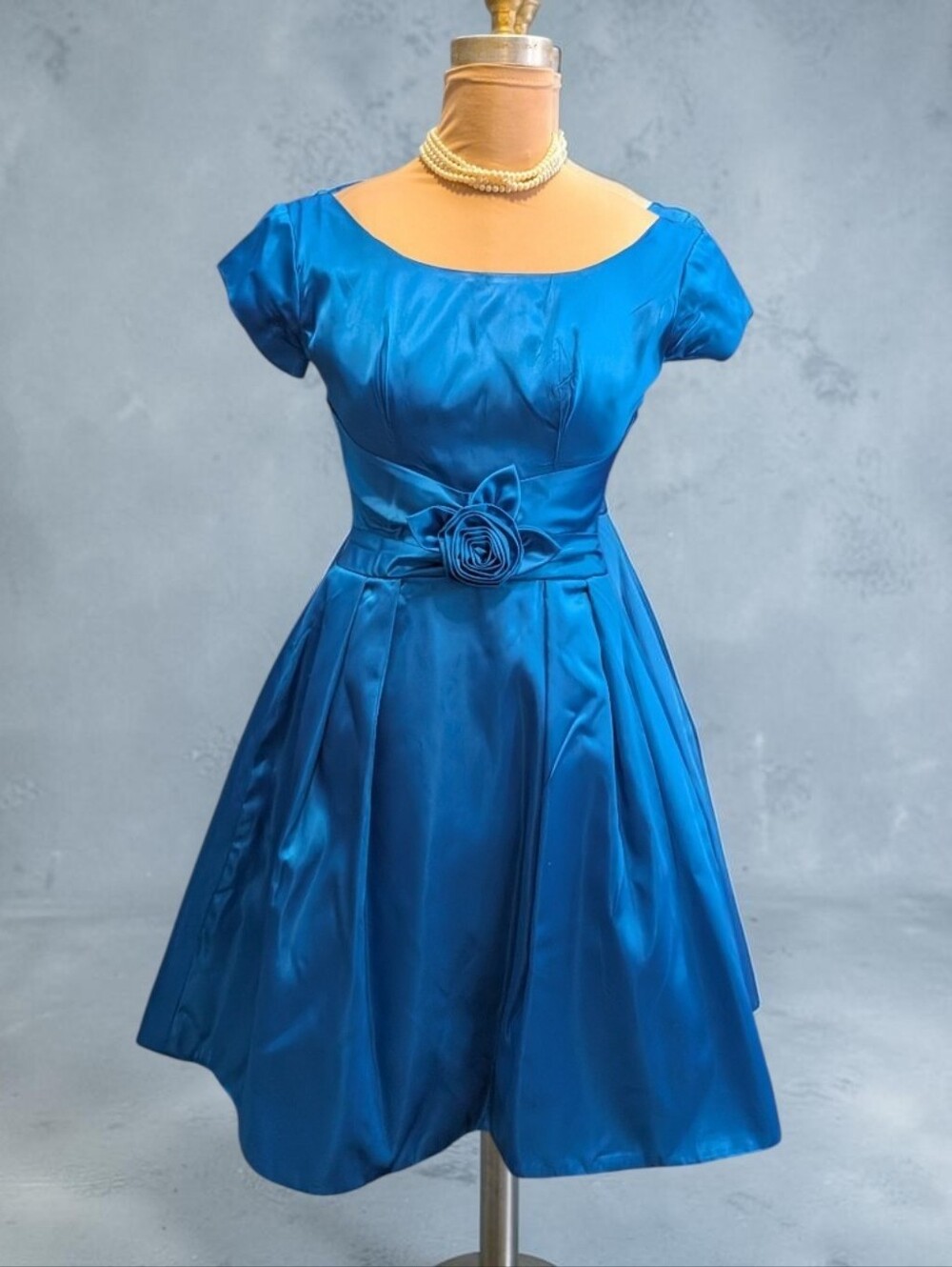 Vintage 1960s Blue Satin Cocktail Party Hoco Dress  Medium